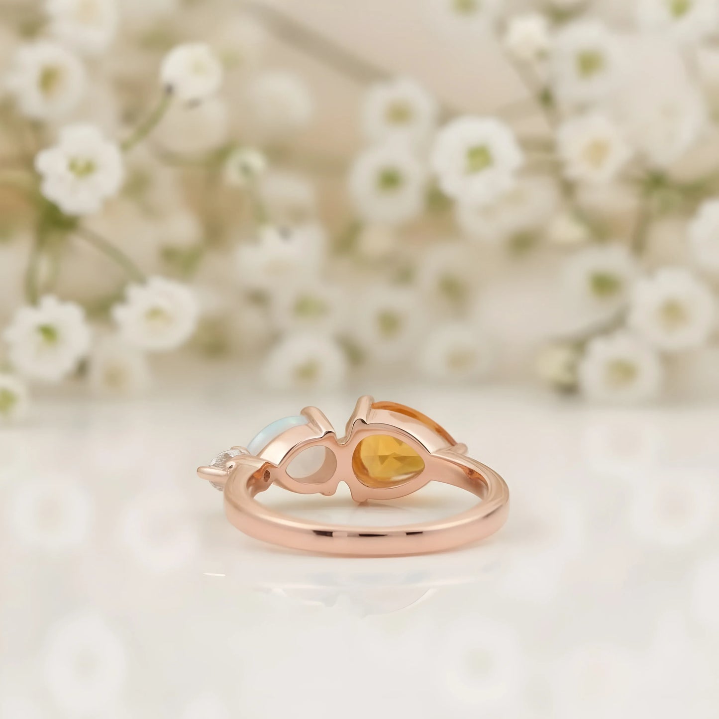 Pear Cut Citrine Art Deco Moissanite 3 Stone Wedding Band - Gigiscc