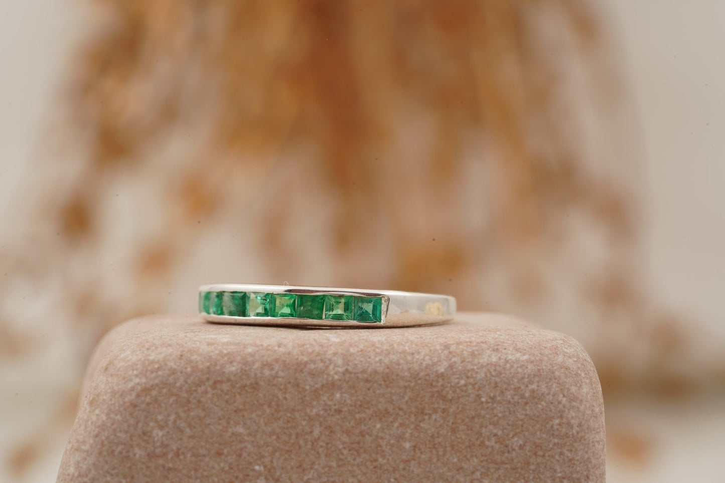 Princess Emerald Channel Set Wedding Band Left Position