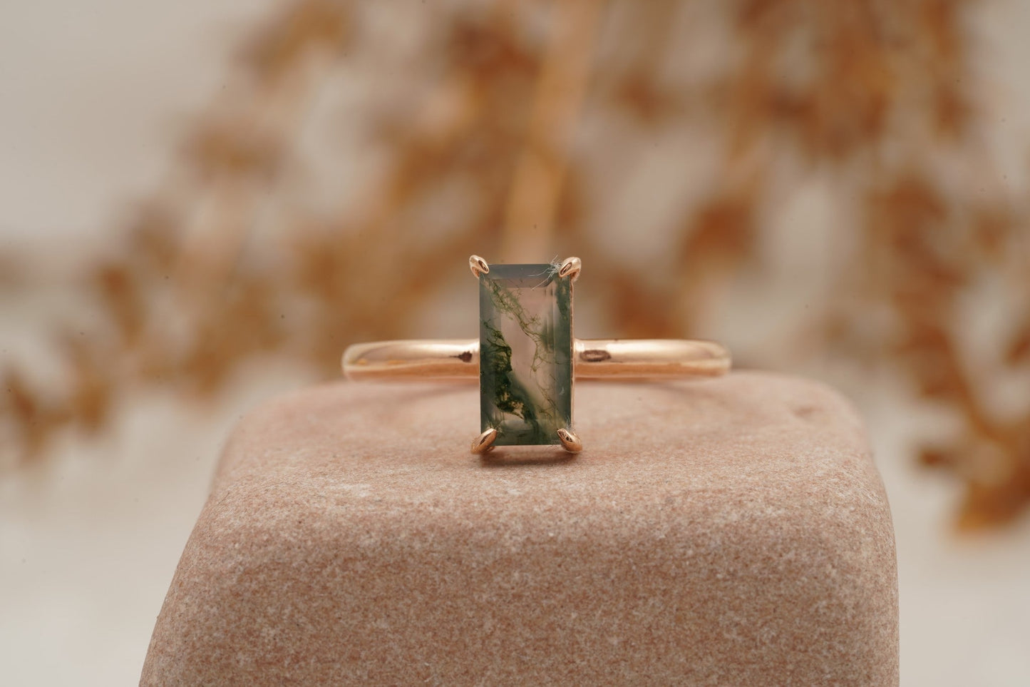 Moss Agate Baguette Cut Rose Gold Engagement Ring
