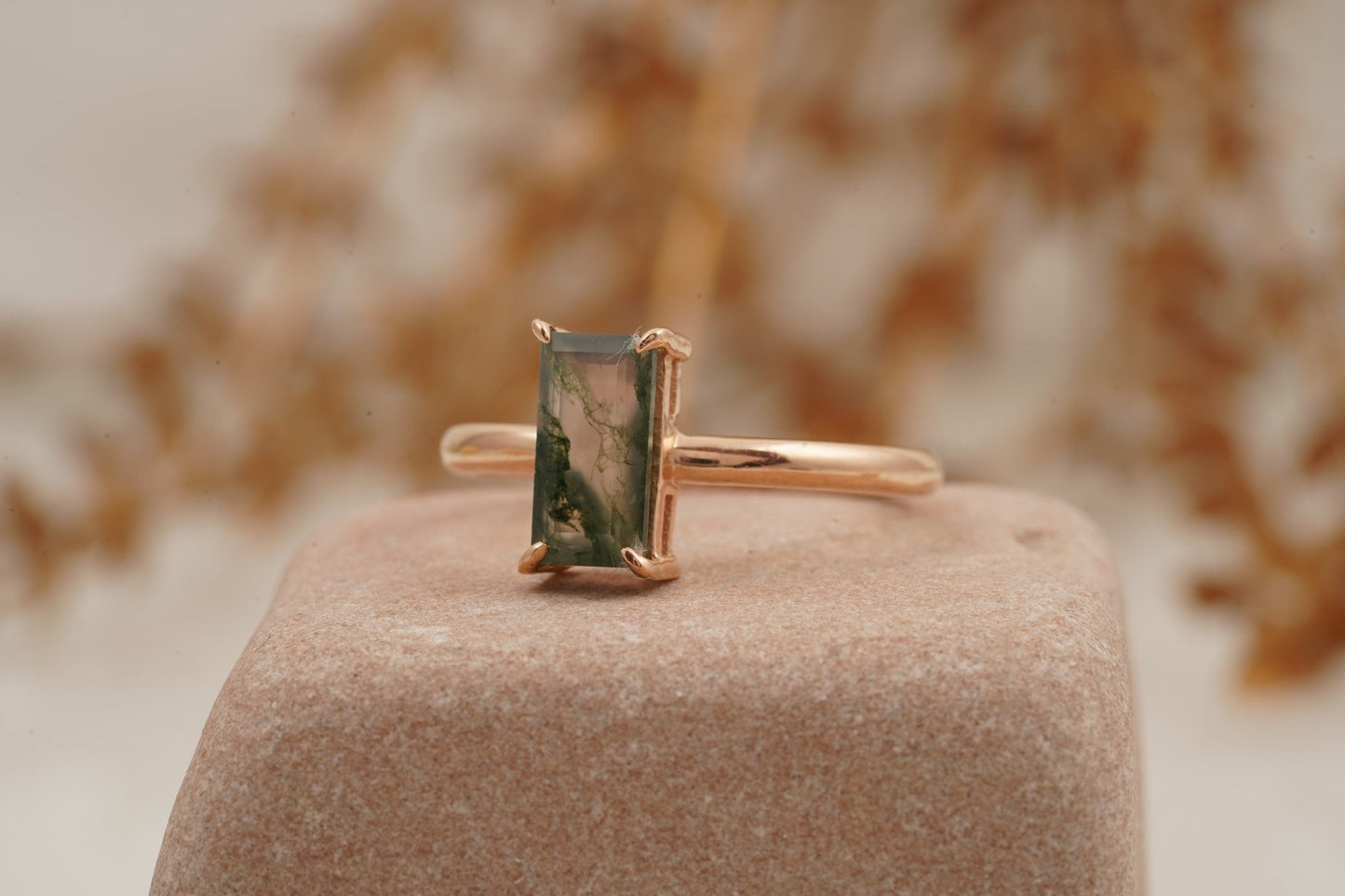Moss Agate Baguette Cut Rose Gold Engagement Ring Left Position