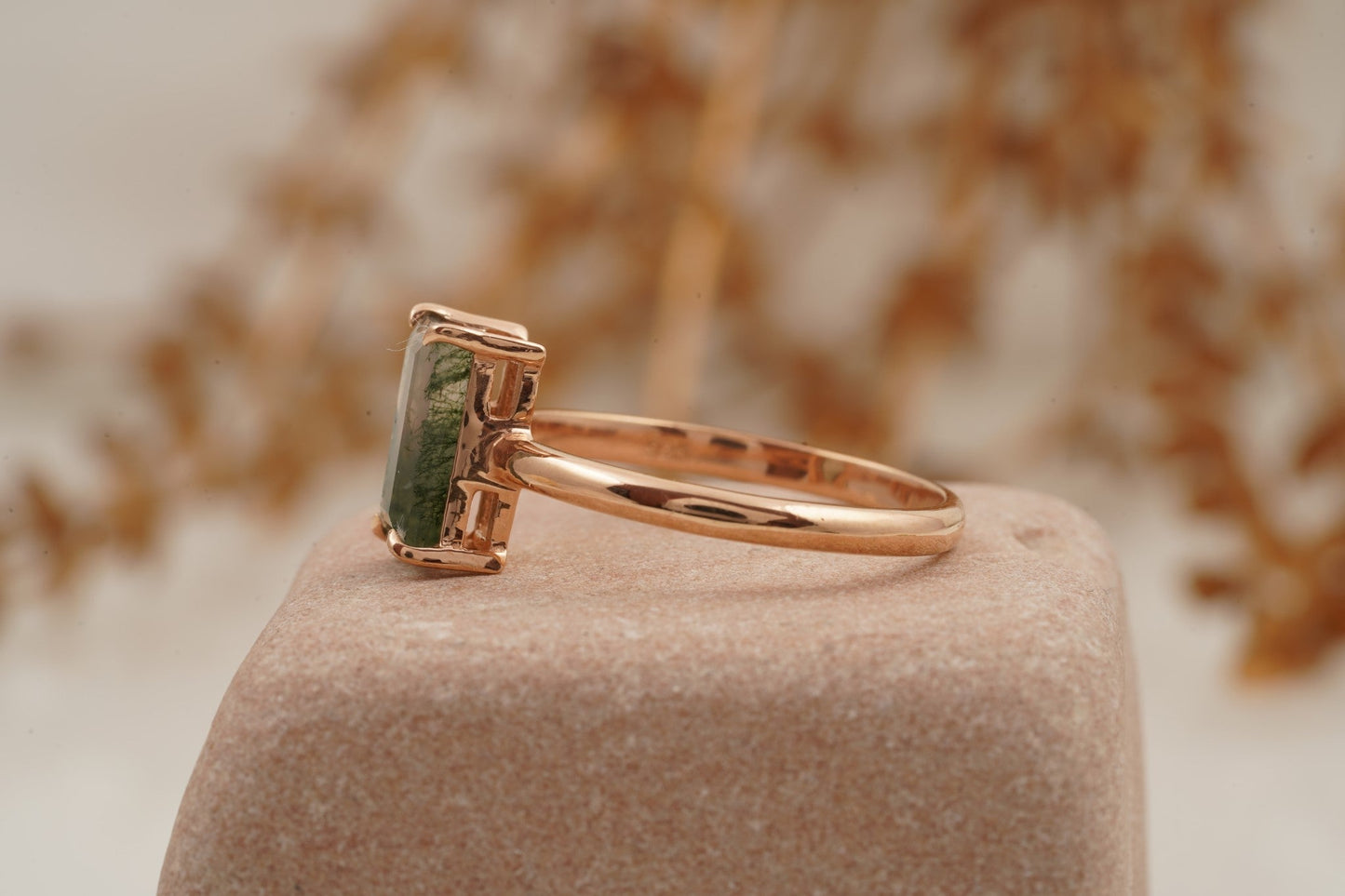 Moss Agate Baguette Cut Rose Gold Engagement Ring SIde Position