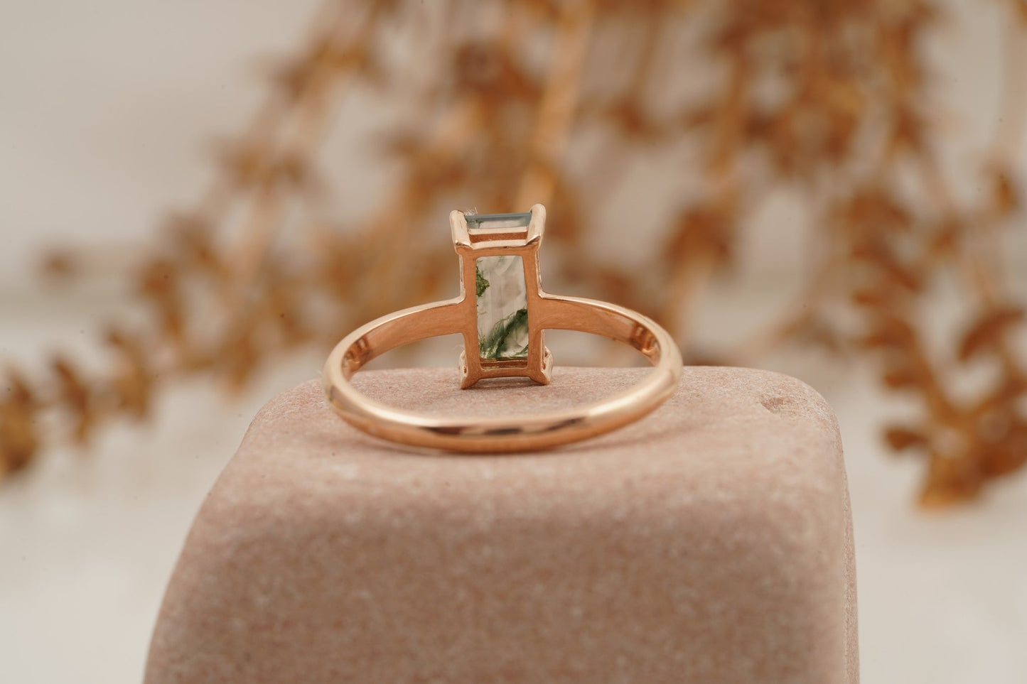 Moss Agate Baguette Cut Rose Gold Engagement Ring Back Side
