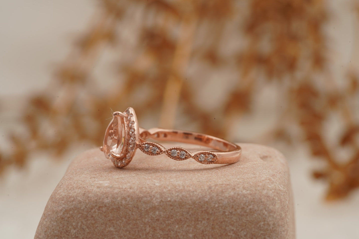Pear Shaped Morganite Rose Gold Bridal Engagement Ring