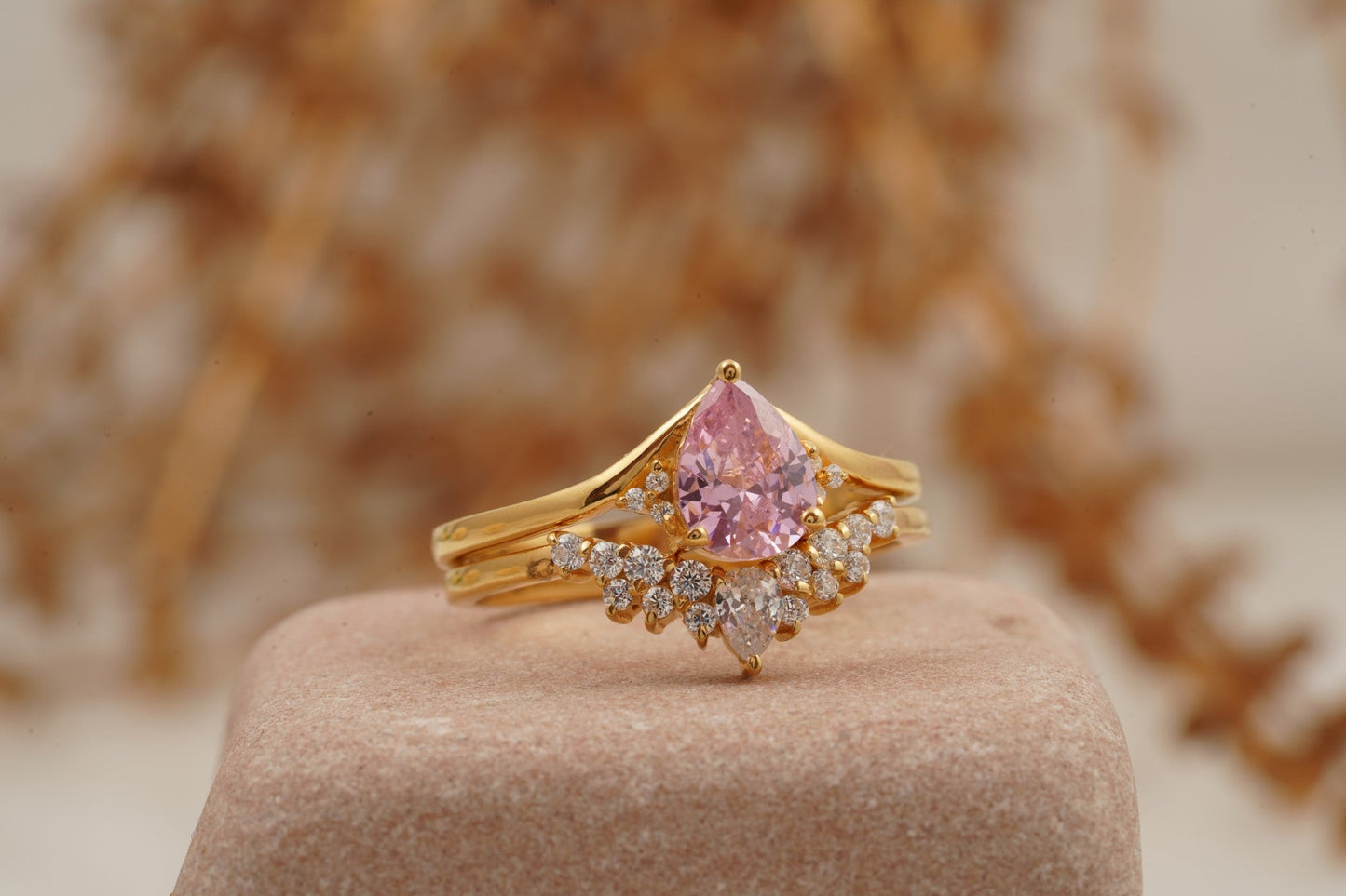 Pink Sapphire Engagement Ring Set With Diamond Wedding Band Right Angle
