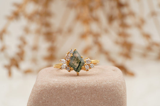 Kite Cut Moss Agate Cluster Diamond Engagement Ring Right Position