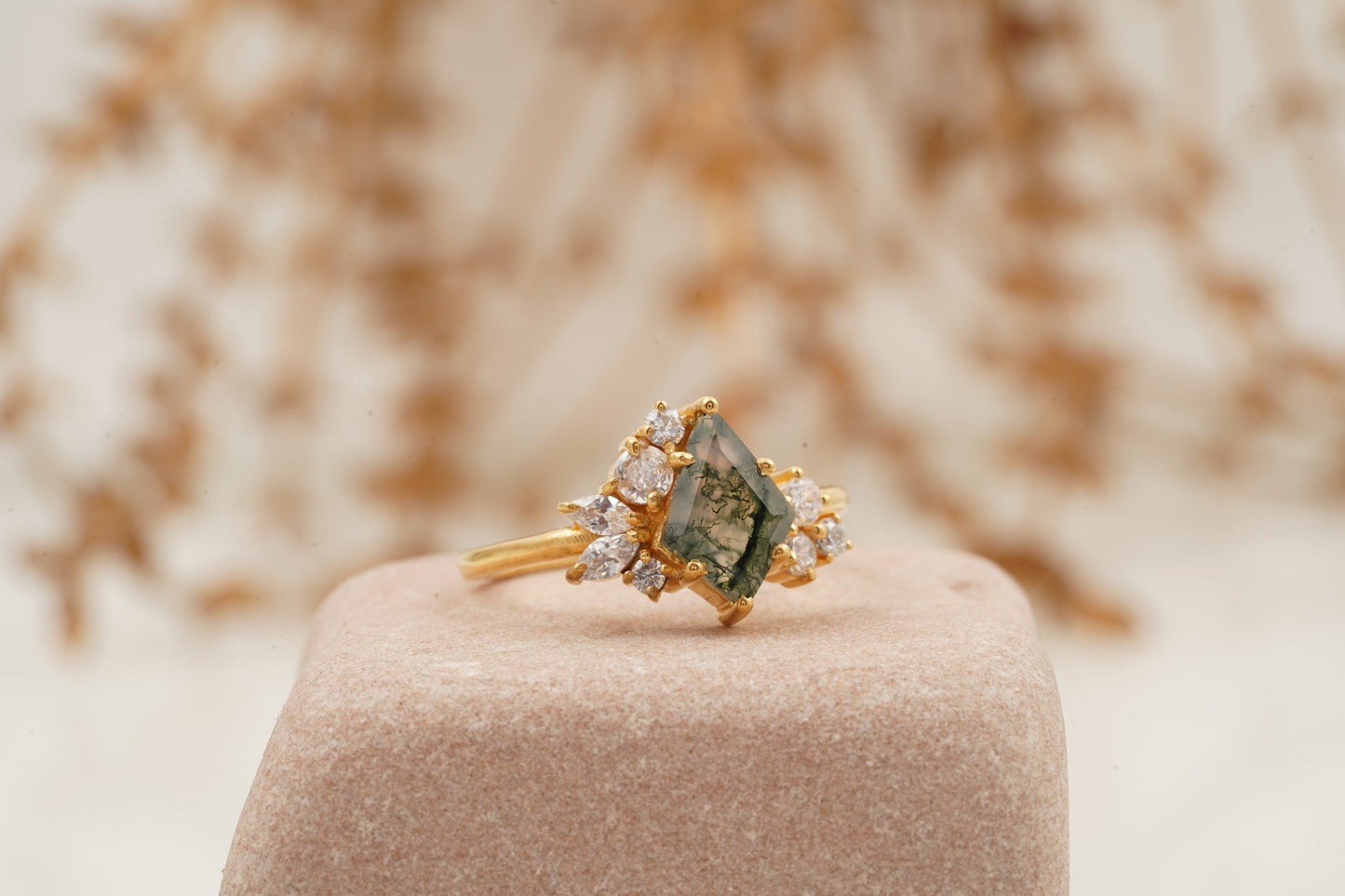Kite Cut Moss Agate Cluster Diamond Engagement Ring Side Position