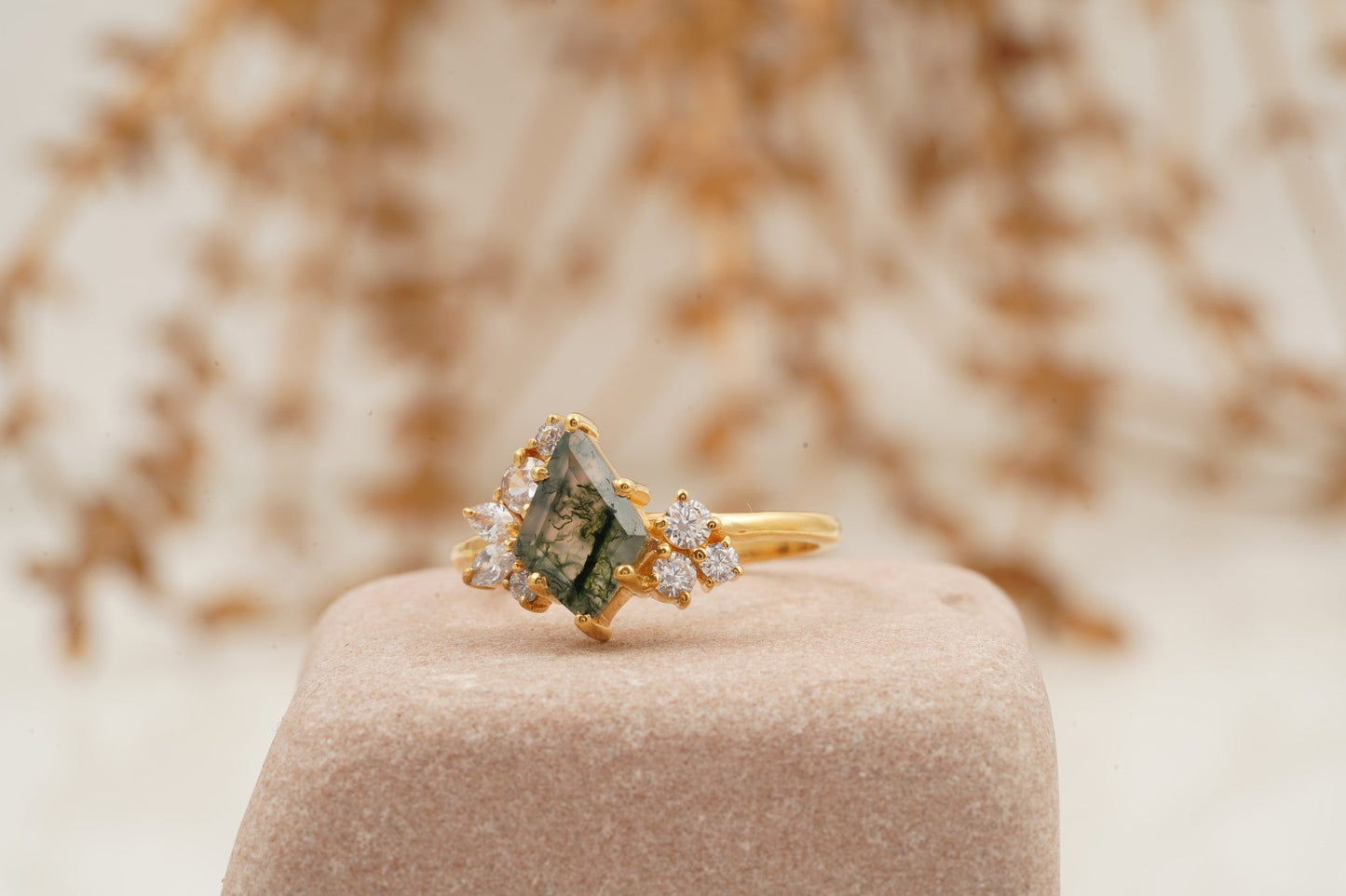 Kite Cut Moss Agate Cluster Diamond Engagement Ring Left Position