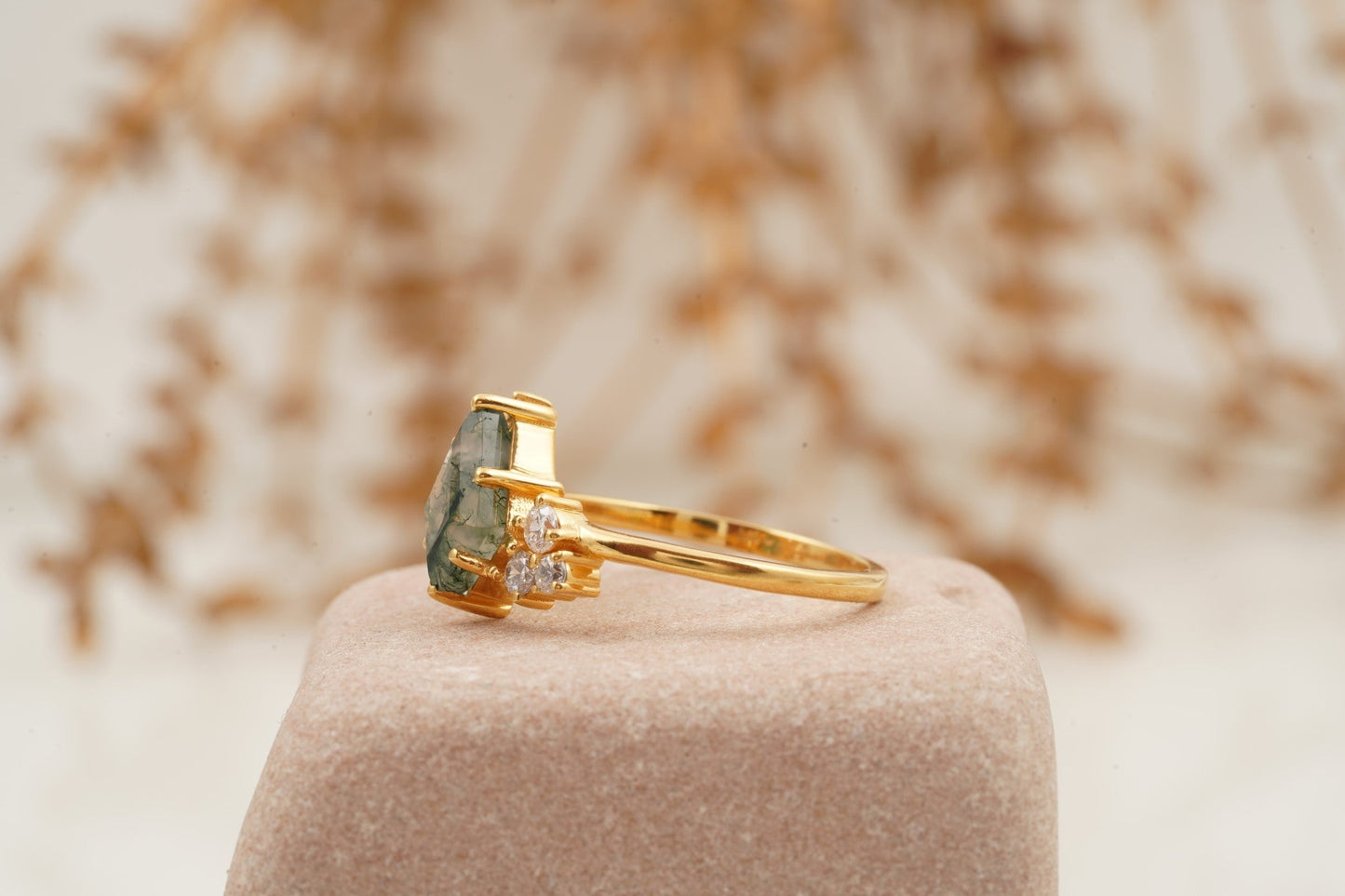 Kite Cut Moss Agate Cluster Diamond Engagement Ring SIde Round