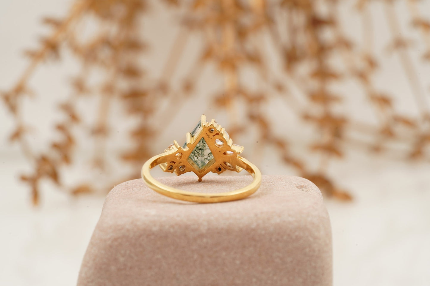 Kite Cut Moss Agate Cluster Diamond Engagement Ring Back Side
