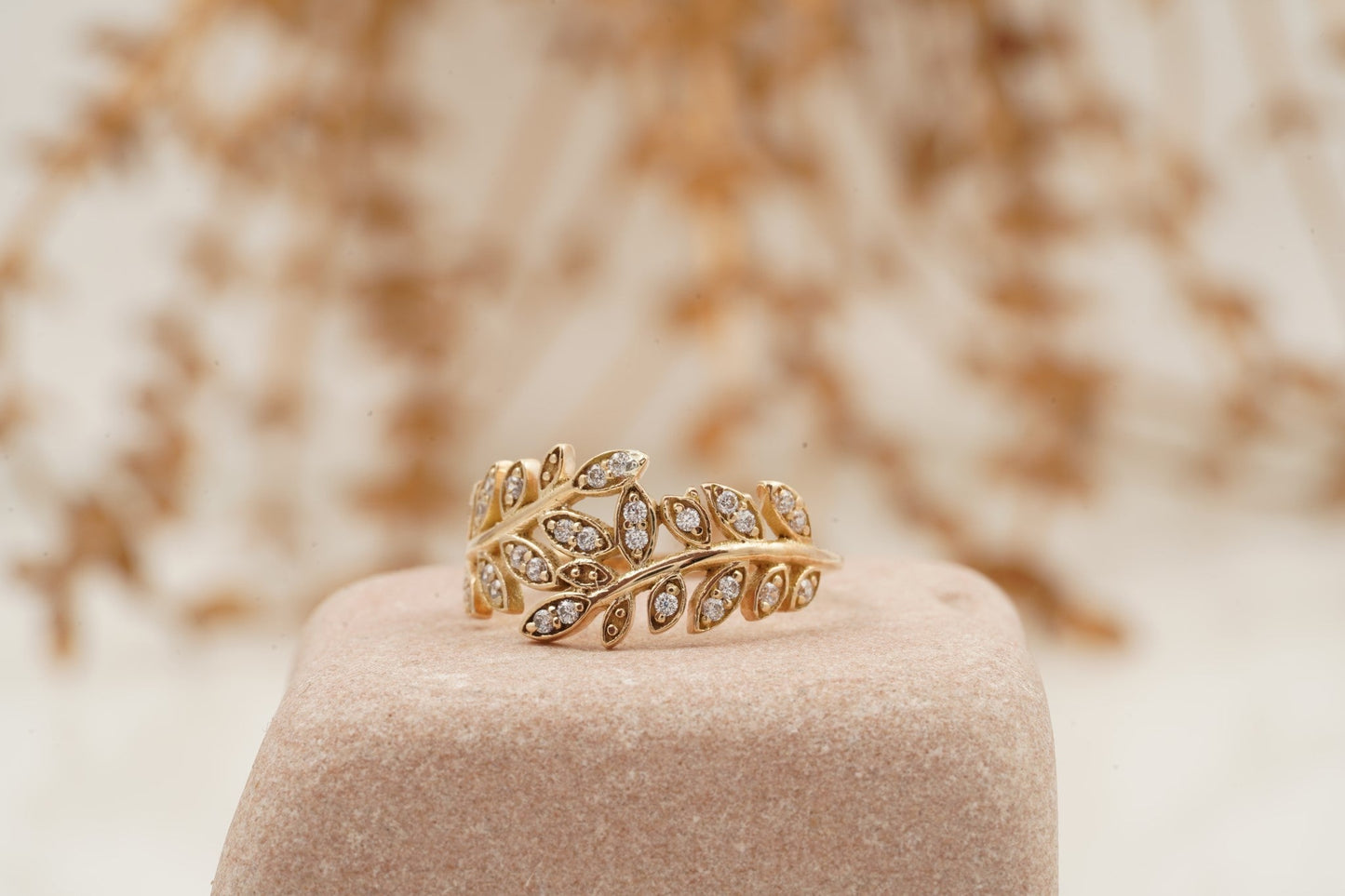 Leaf Diamond Stacking Gold Wedding Band Left Position