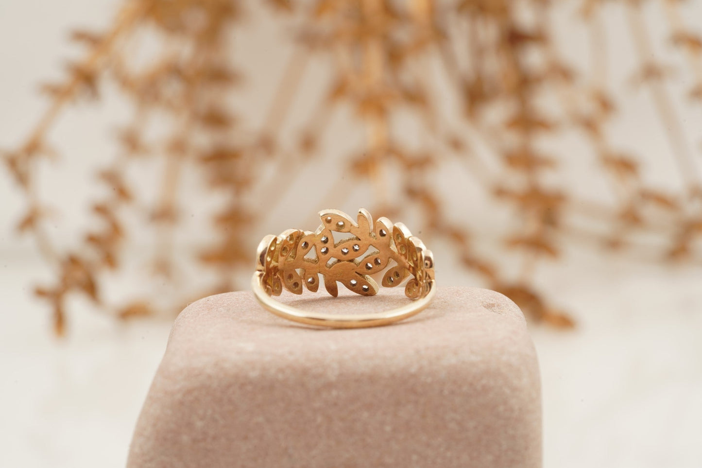 Leaf Diamond Stacking Gold Wedding Band Back SIde