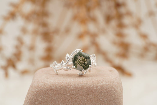 Moss Agate Leaf Hexagon Engagement Ring Right Position