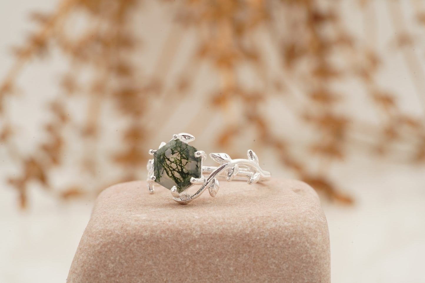 Moss Agate Leaf Hexagon Engagement Ring Right Position