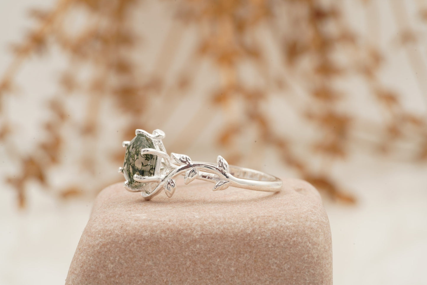 Moss Agate Leaf Hexagon Engagement Ring Round