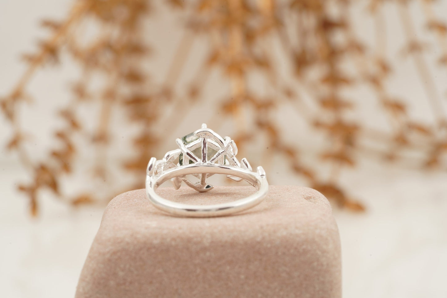 Moss Agate Leaf Hexagon Engagement Ring Back SIde