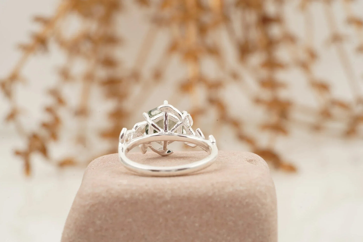 Moss Agate Leaf Hexagon Engagement Ring - Gigiscc