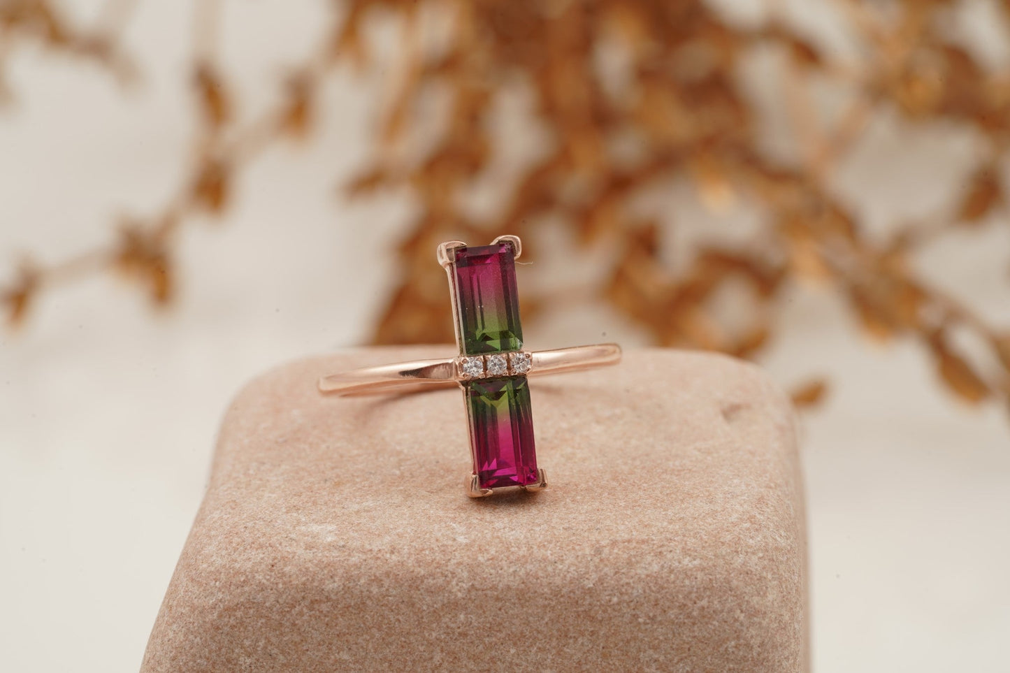 Baguette Cut Watermelon Tourmaline Bicolor Engagement Ring Right Angle