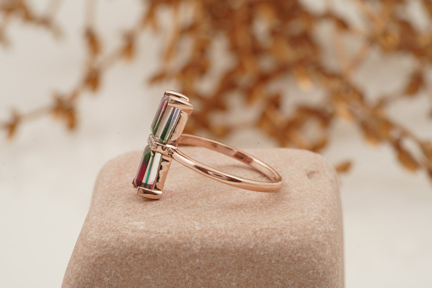 Baguette Cut Watermelon Tourmaline Bicolor Engagement Ring Side Position