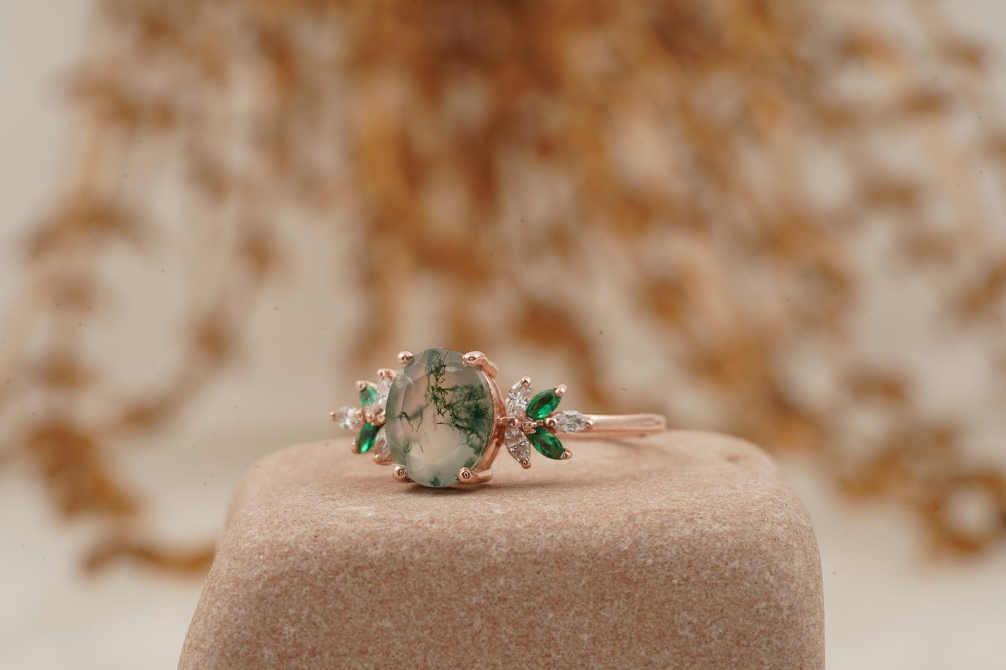 Oval Moss Agate Marquise Emerald And CZ Engagement Ring Left Position
