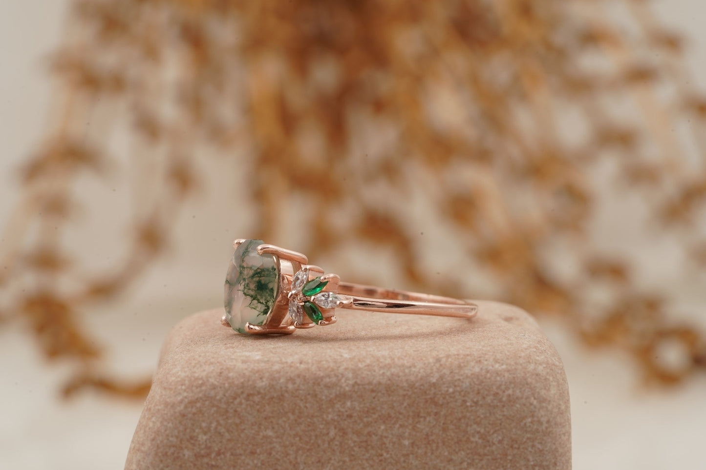 Oval Moss Agate Marquise Emerald And CZ Engagement Ring Round
