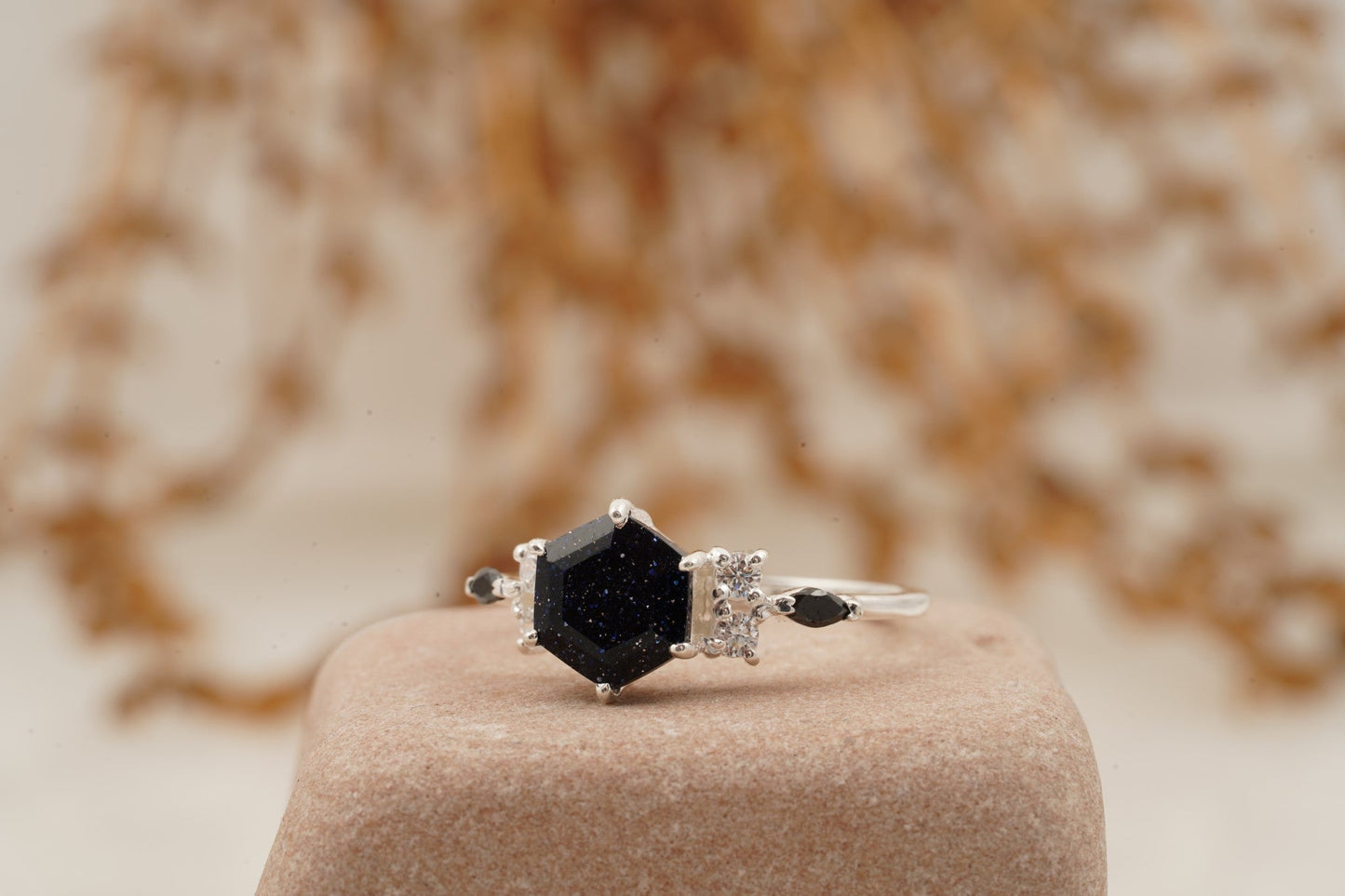 Hexagon Galaxy Blue Sandstone Engagement Ring Left Position