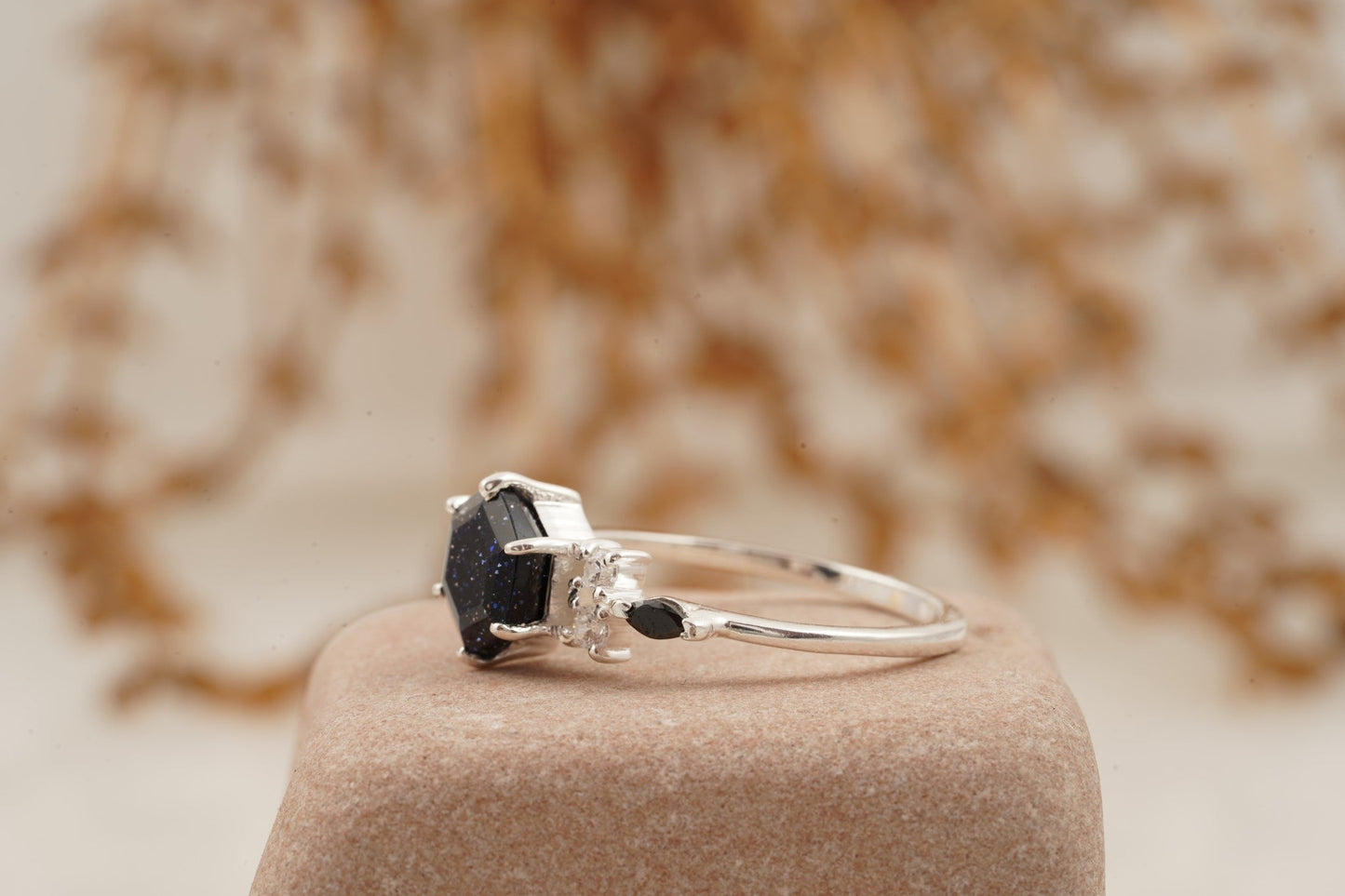 Hexagon Galaxy Blue Sandstone Engagement Ring Round