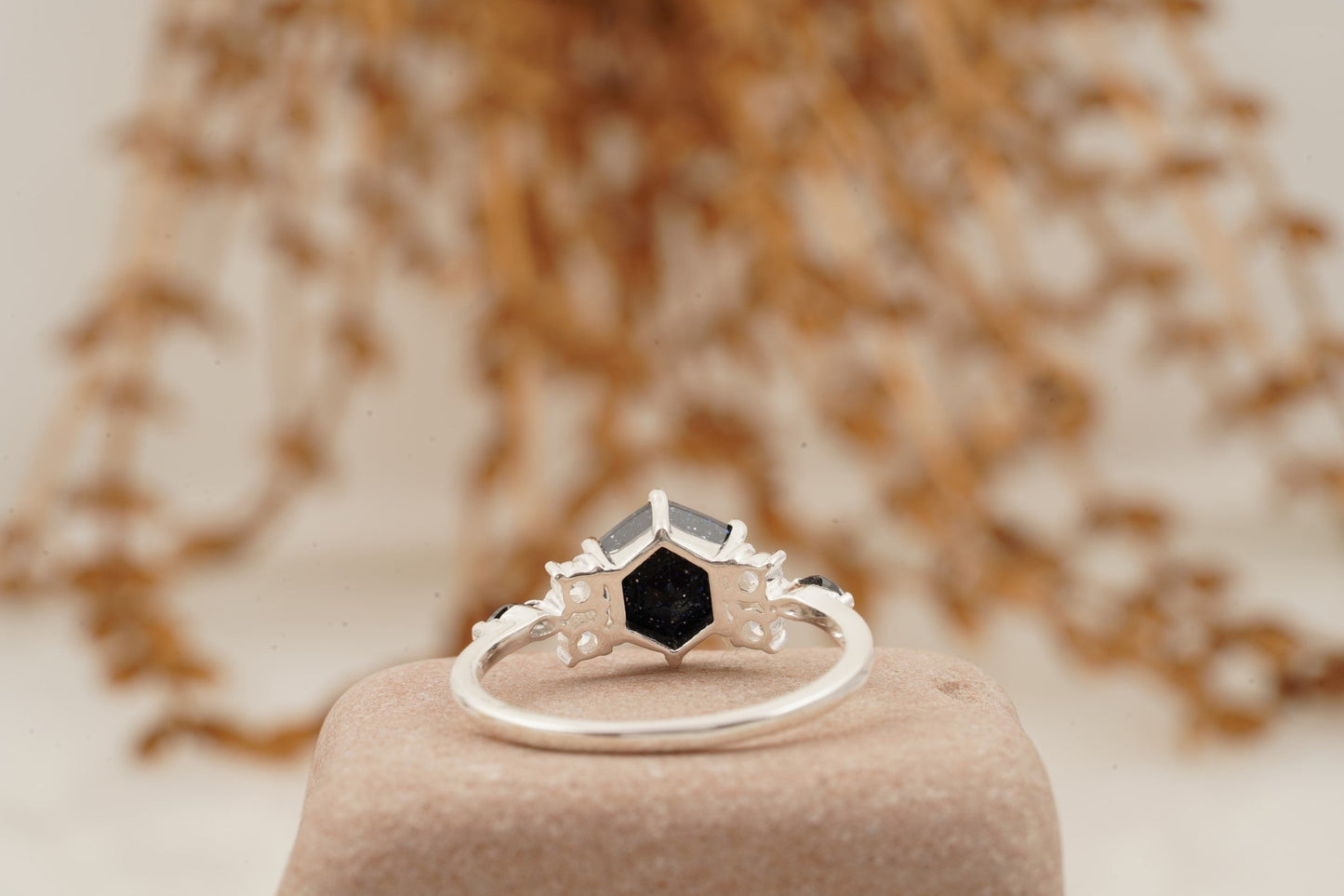 Hexagon Galaxy Blue Sandstone Engagement Ring Back Side