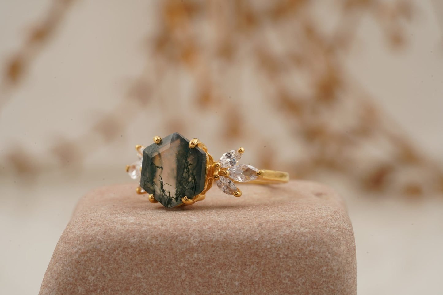 Moss Agate Hexagon Marquise CZ Engagement Ring Left Position