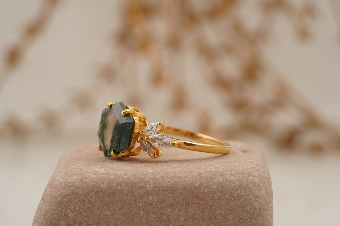 Moss Agate Hexagon Marquise CZ Engagement Ring Side Position