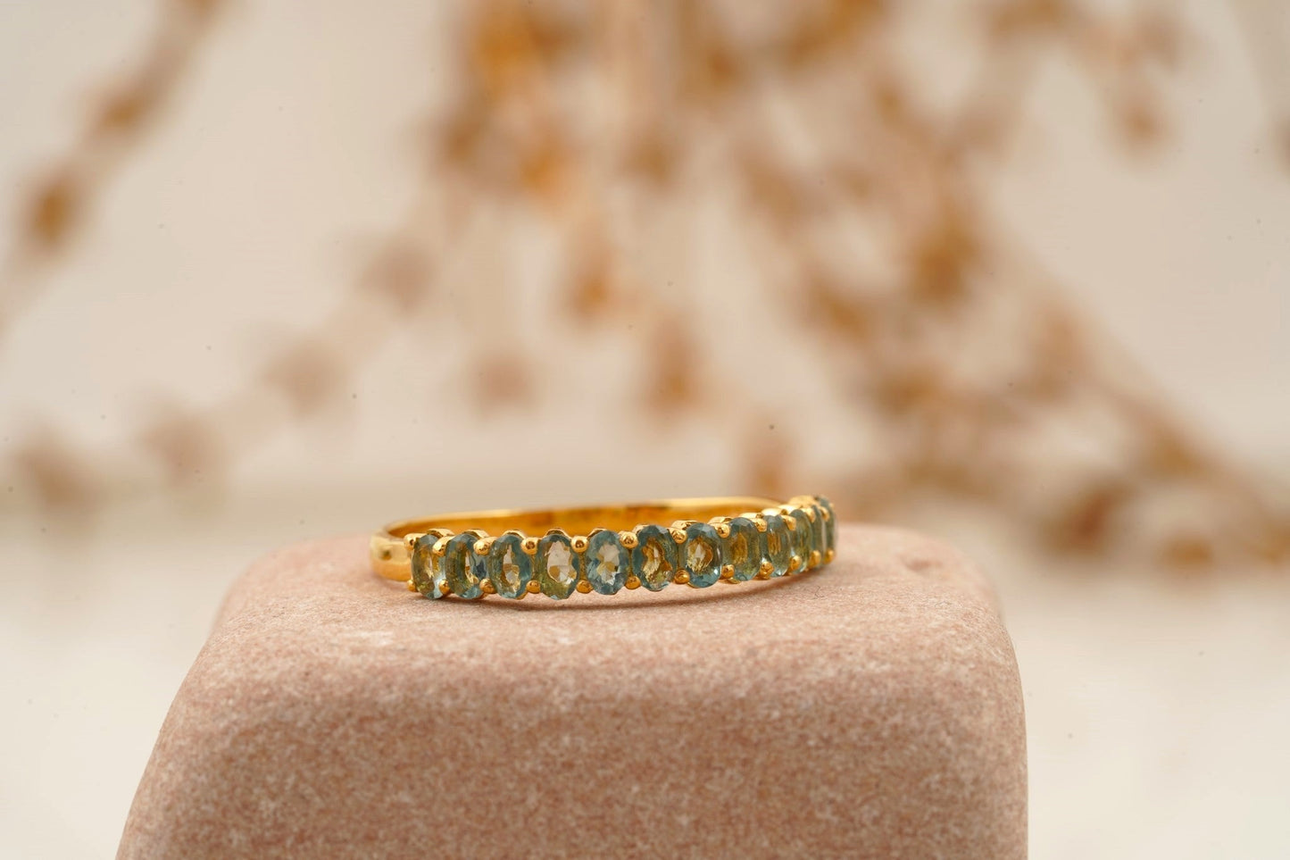 Oval Cut Aquamarine Stacking Wedding Band Solid Gold