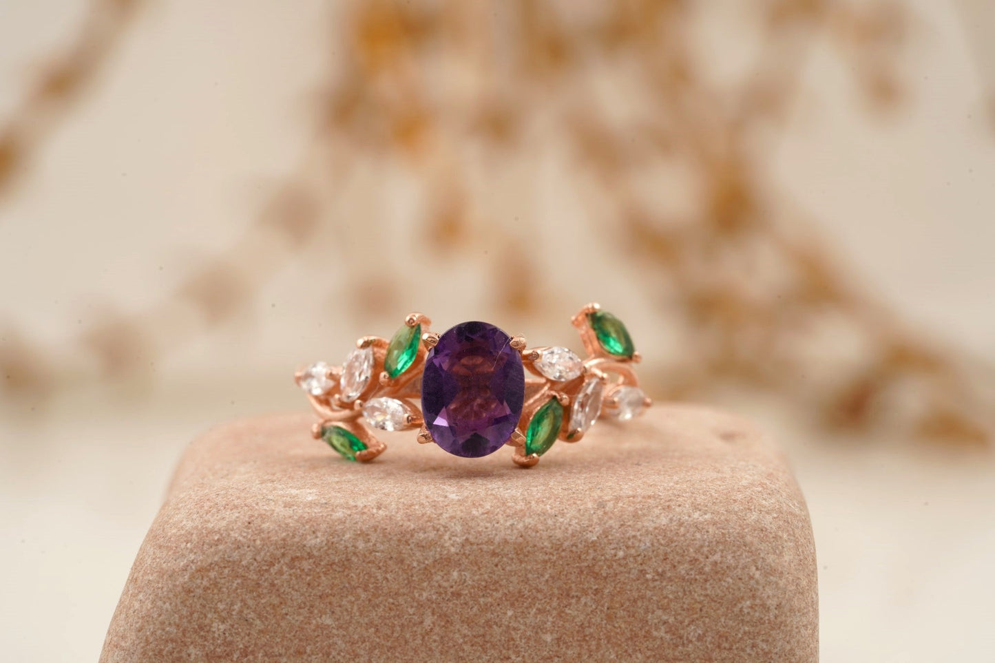 Oval Amethyst & Emerald CZ Cluster Engagement Ring