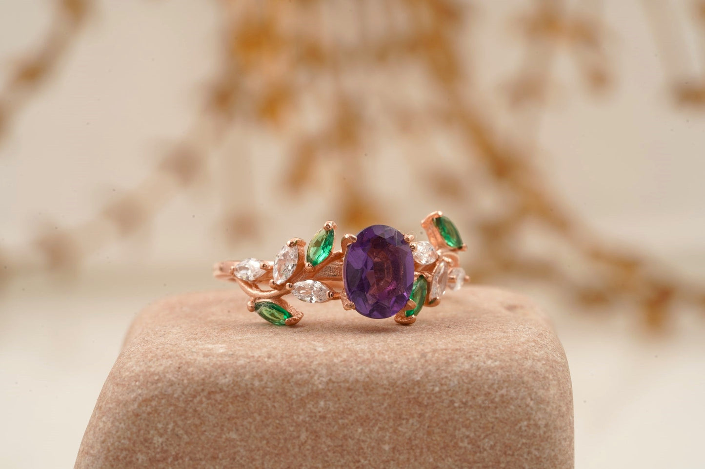 Oval Amethyst & Emerald CZ Cluster Engagement Ring Left Angle