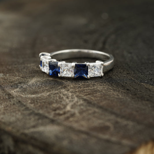Princess Cut Sapphire And Diamond 925 Silver Wedding Band