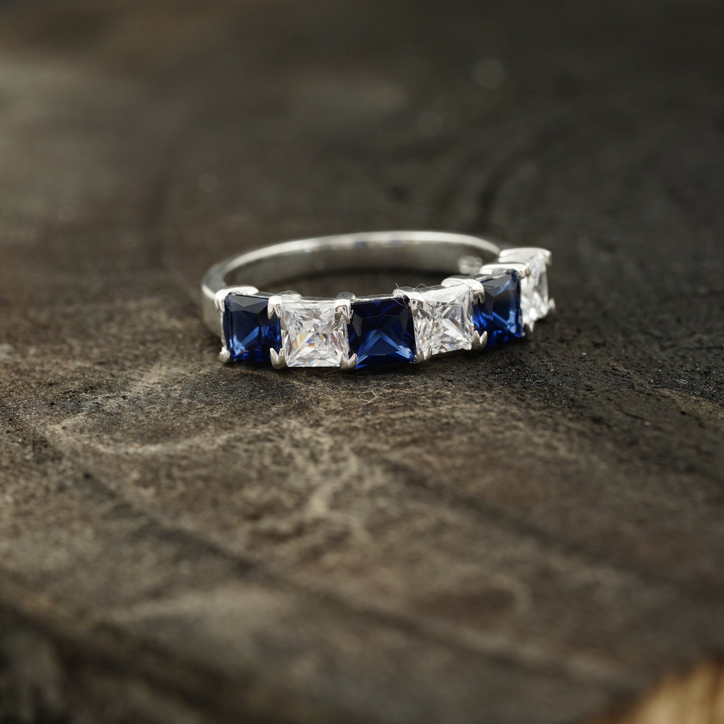 Princess Cut Sapphire And Diamond 925 Silver Wedding Band