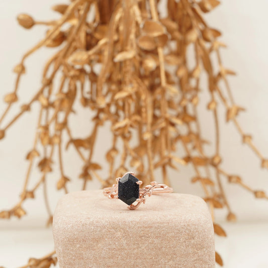 Hexagon Blue Sandstone Leaf Solitaire Ring - Gigiscc