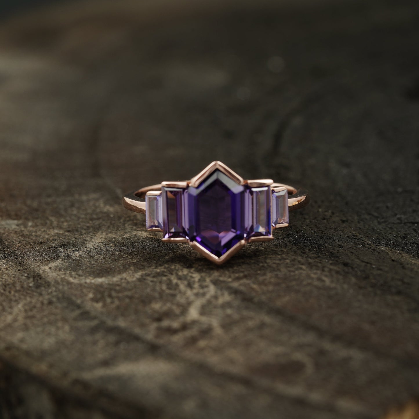 Hexagon Cut Purple Amethyst Bezel Set Engagement Ring Main