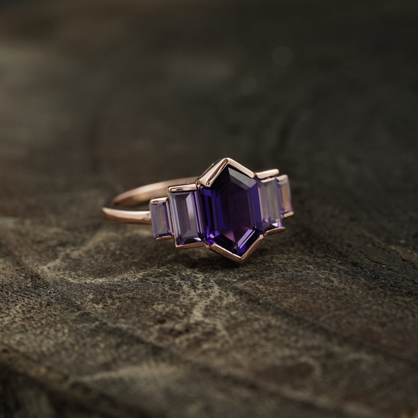 Hexagon Cut Purple Amethyst Bezel Set Engagement Ring Right Position