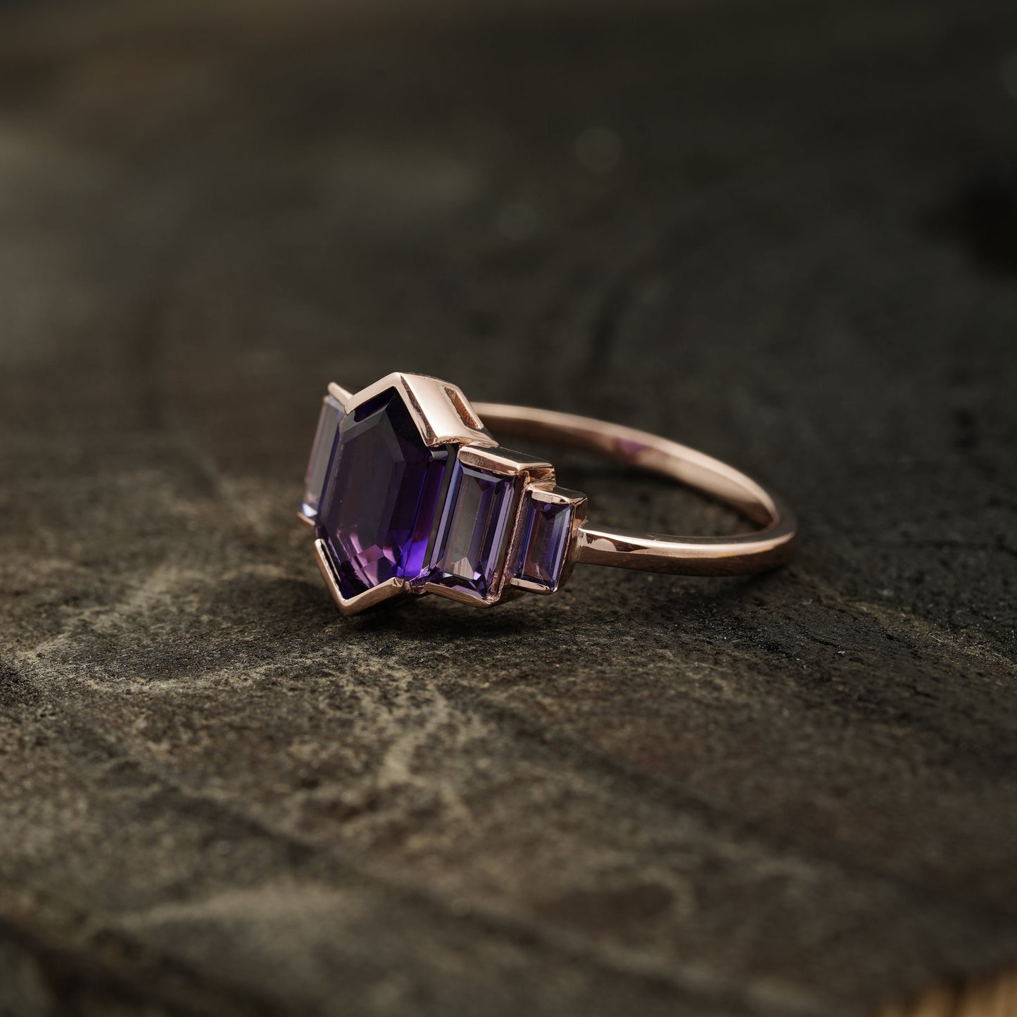 Hexagon Cut Purple Amethyst Bezel Set Engagement Ring Left Position