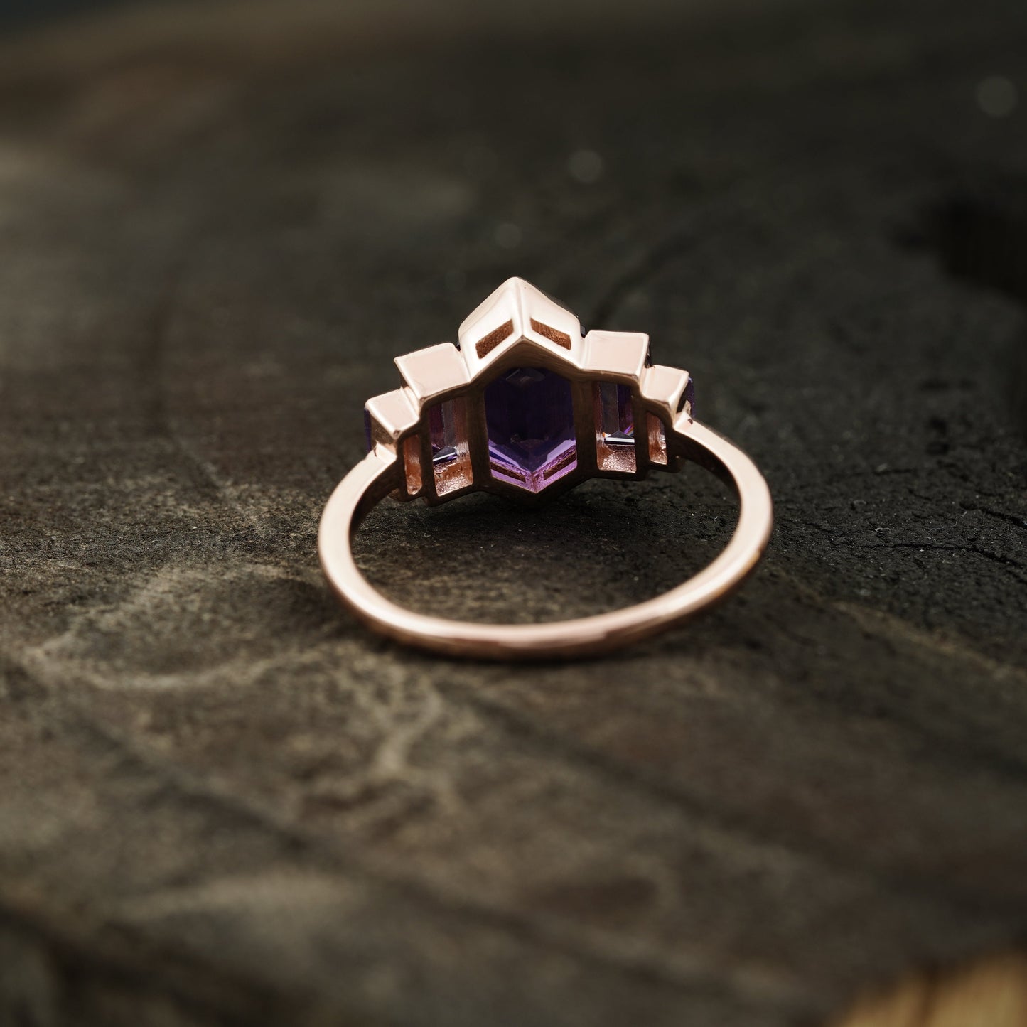 Hexagon Cut Purple Amethyst Bezel Set Engagement Ring Back Side