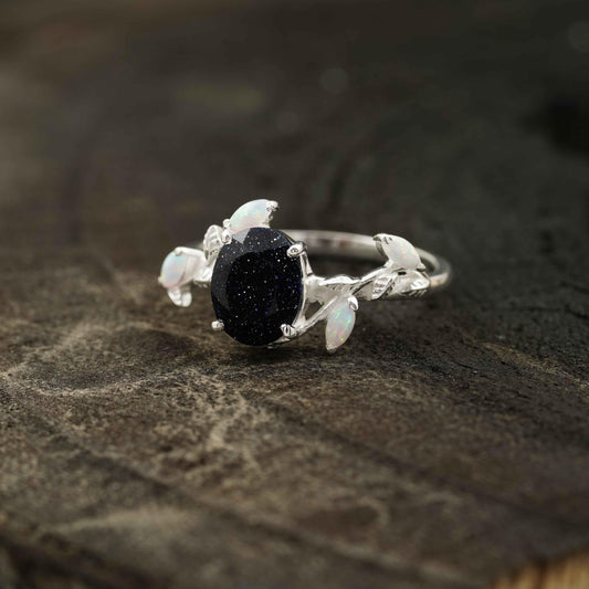 Oval Blue Sandstone Leaf Opal Silver Engagement Ring - Gigiscc
