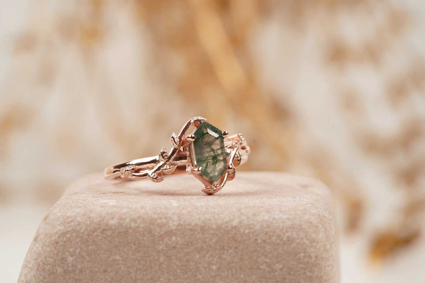 Long Hexagon Cut Moss Agate Leaf Solitaire Ring