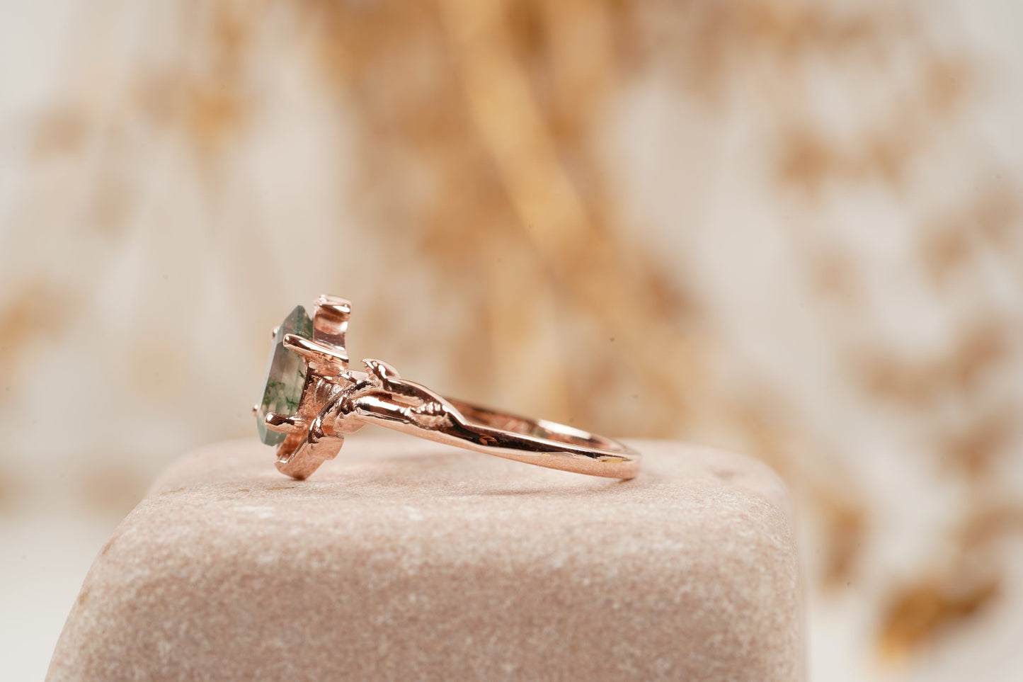 Long Hexagon Cut Moss Agate Leaf Solitaire Ring