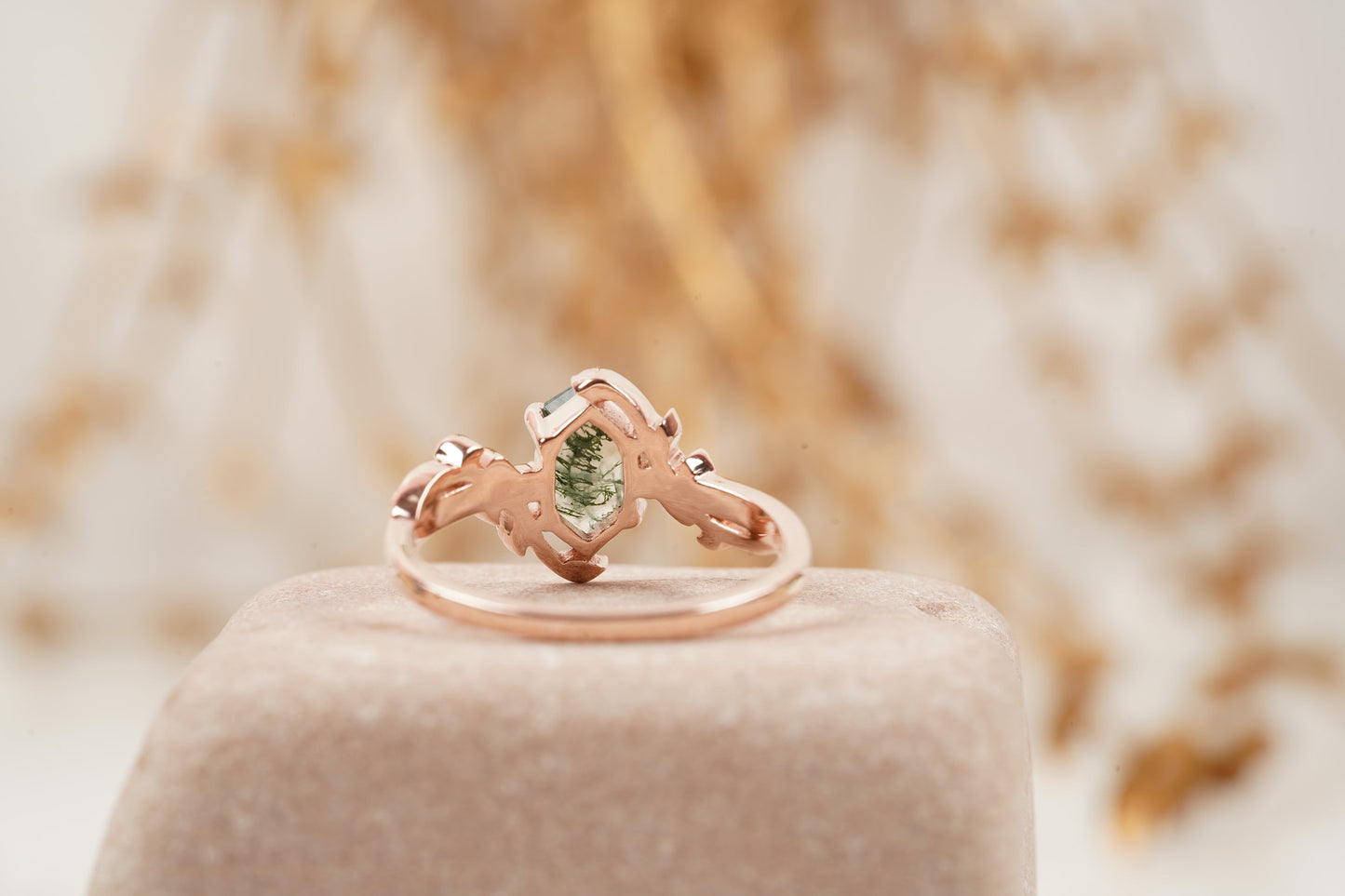 Long Hexagon Cut Moss Agate Leaf Solitaire Ring