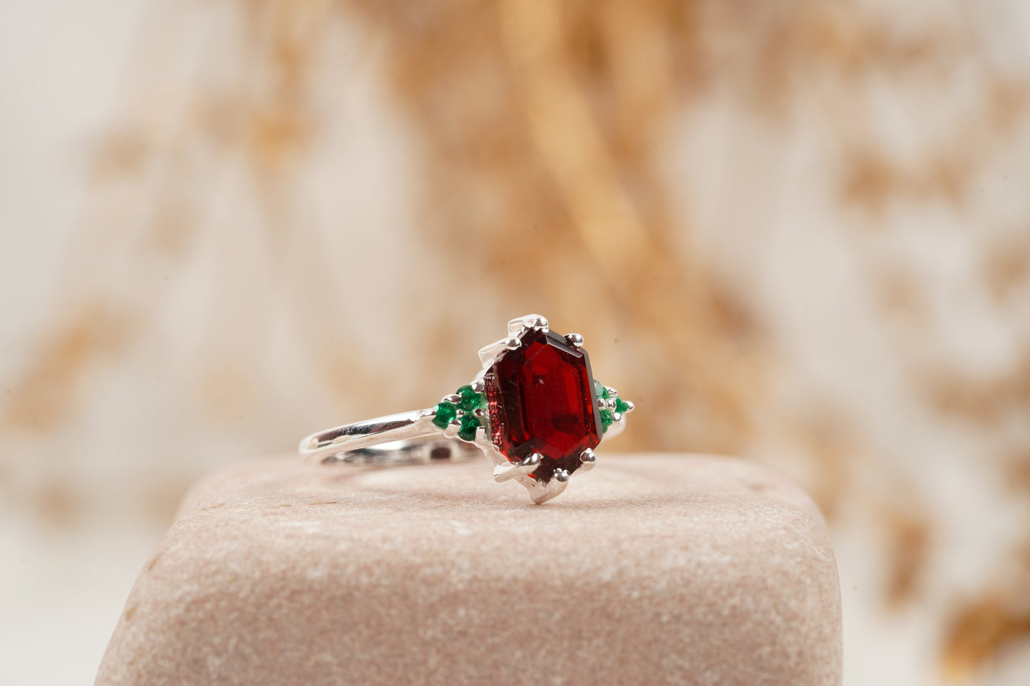 Hexagon Cut Red Garnet Gemstone Cluster Ring