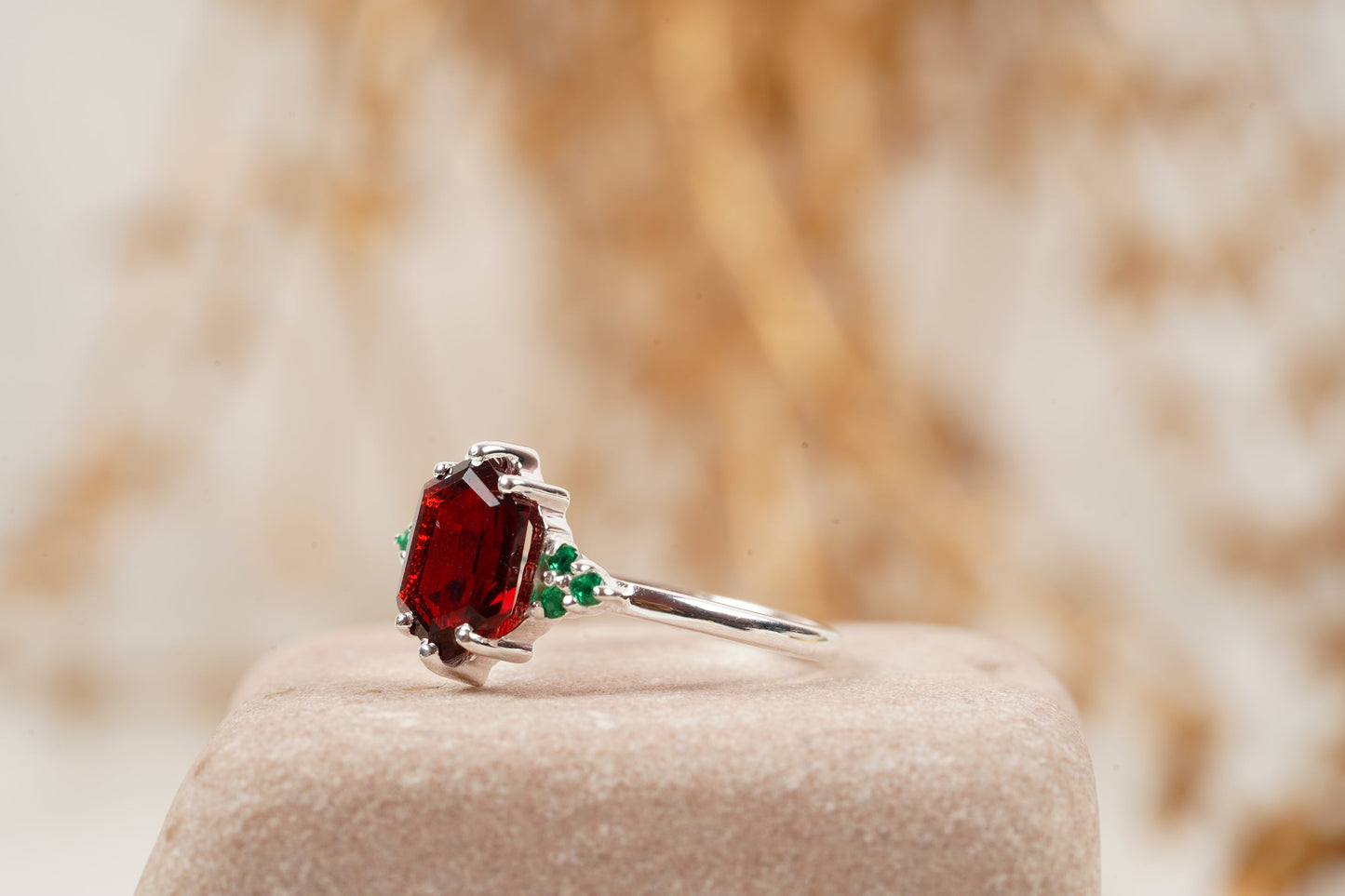 Hexagon Cut Red Garnet Gemstone Cluster Ring
