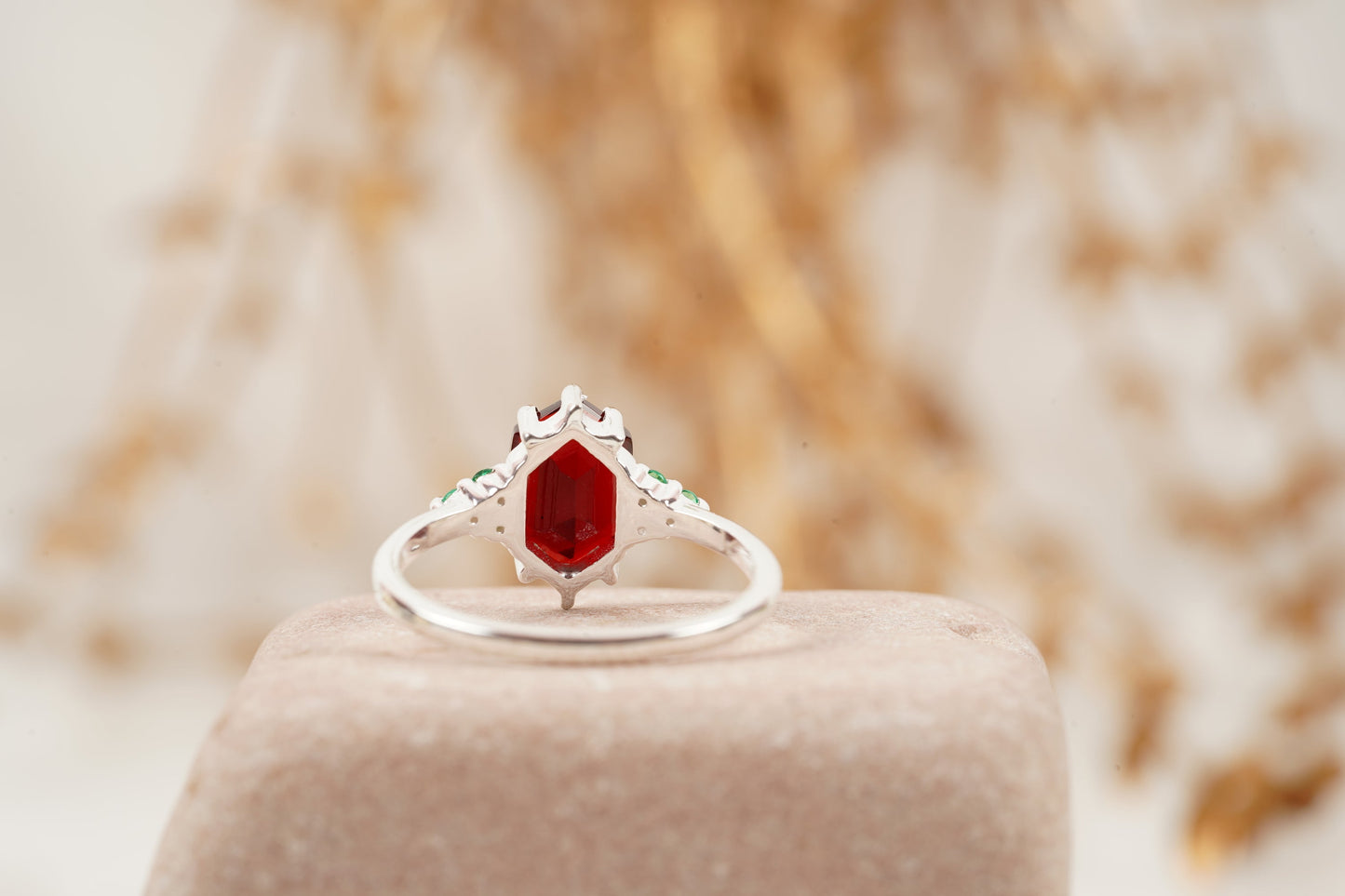 Hexagon Cut Red Garnet Gemstone Cluster Ring