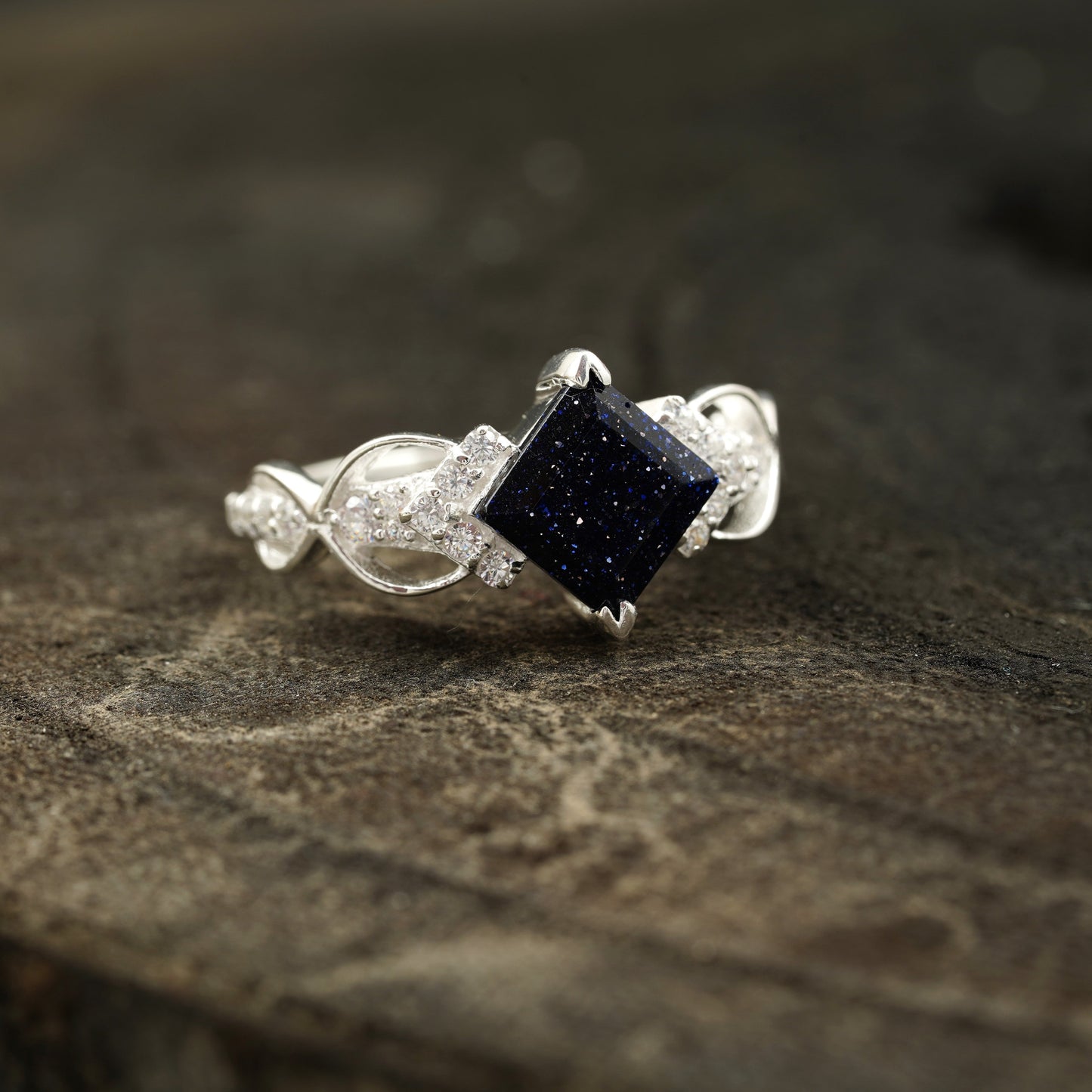 Princess Cut Blue Sandstone Engagement Ring Right Angle
