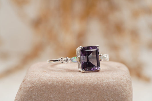 Emerald Cut Alexandrite And Fire Opal Engagement Ring