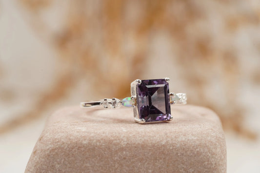 Emerald Cut Alexandrite And Fire Opal Engagement Ring - Gigiscc