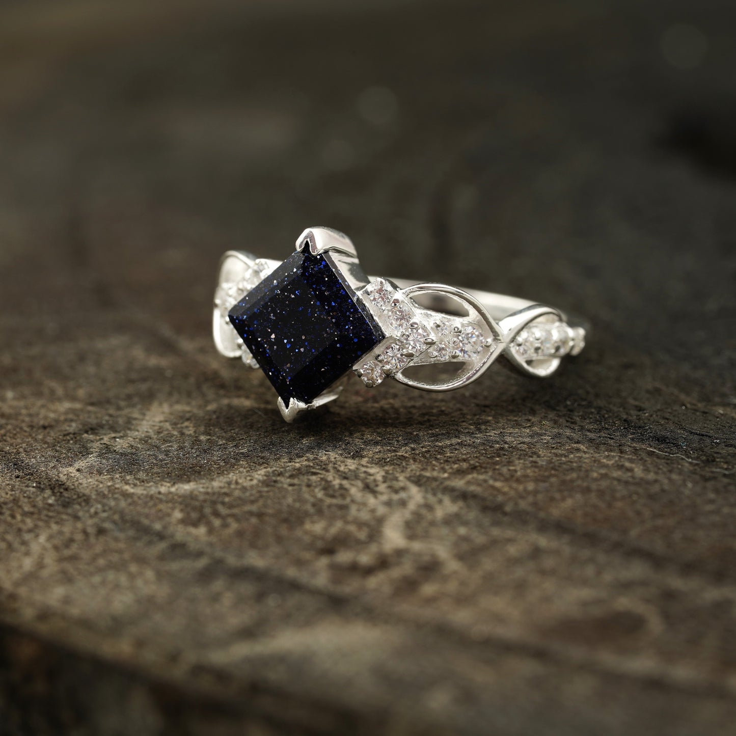 Princess Cut Blue Sandstone Engagement Ring Left Angle